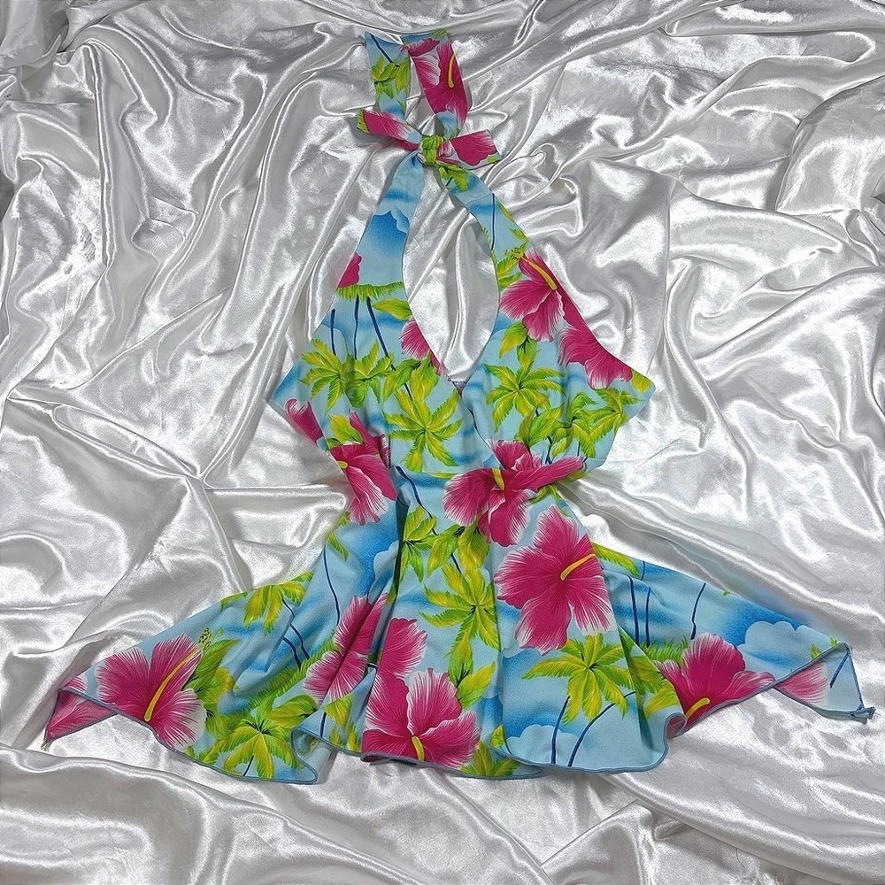 y2k Halter Top Blue Excellent Wild Cat Tropical Hibiscus Handkerchief Hem L